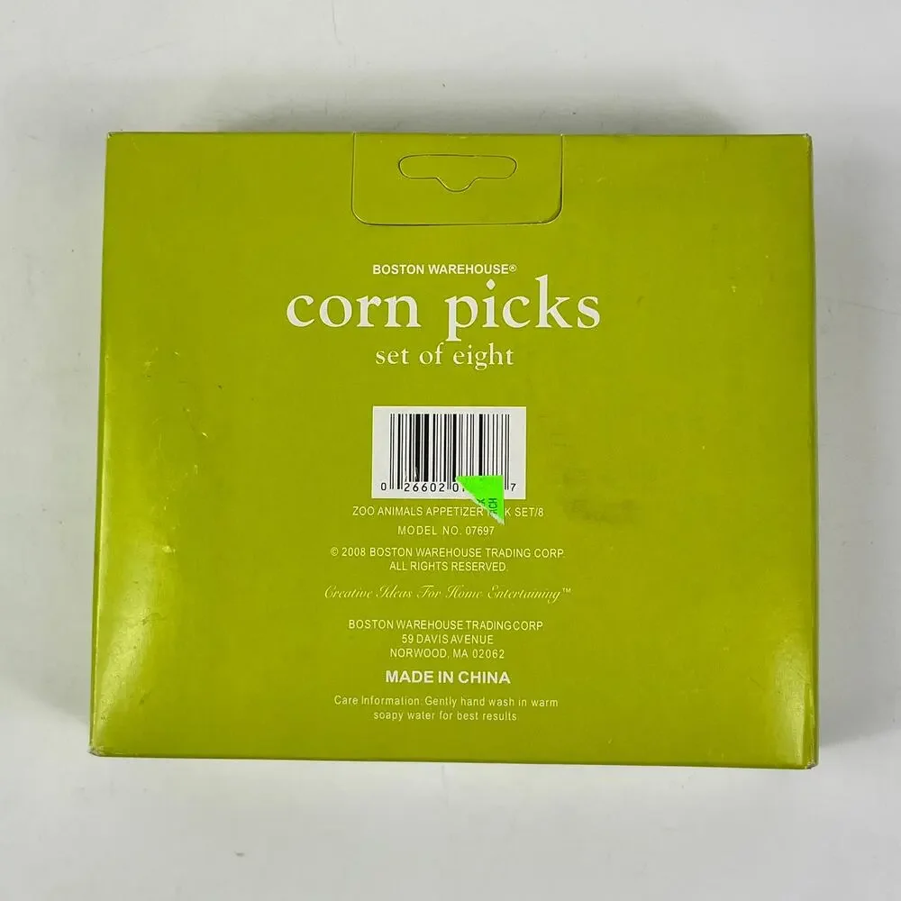Boston Warehouse Zoo Animal Corn Picks Set x8 Giraffe Zebra Elephant Chimp 2008